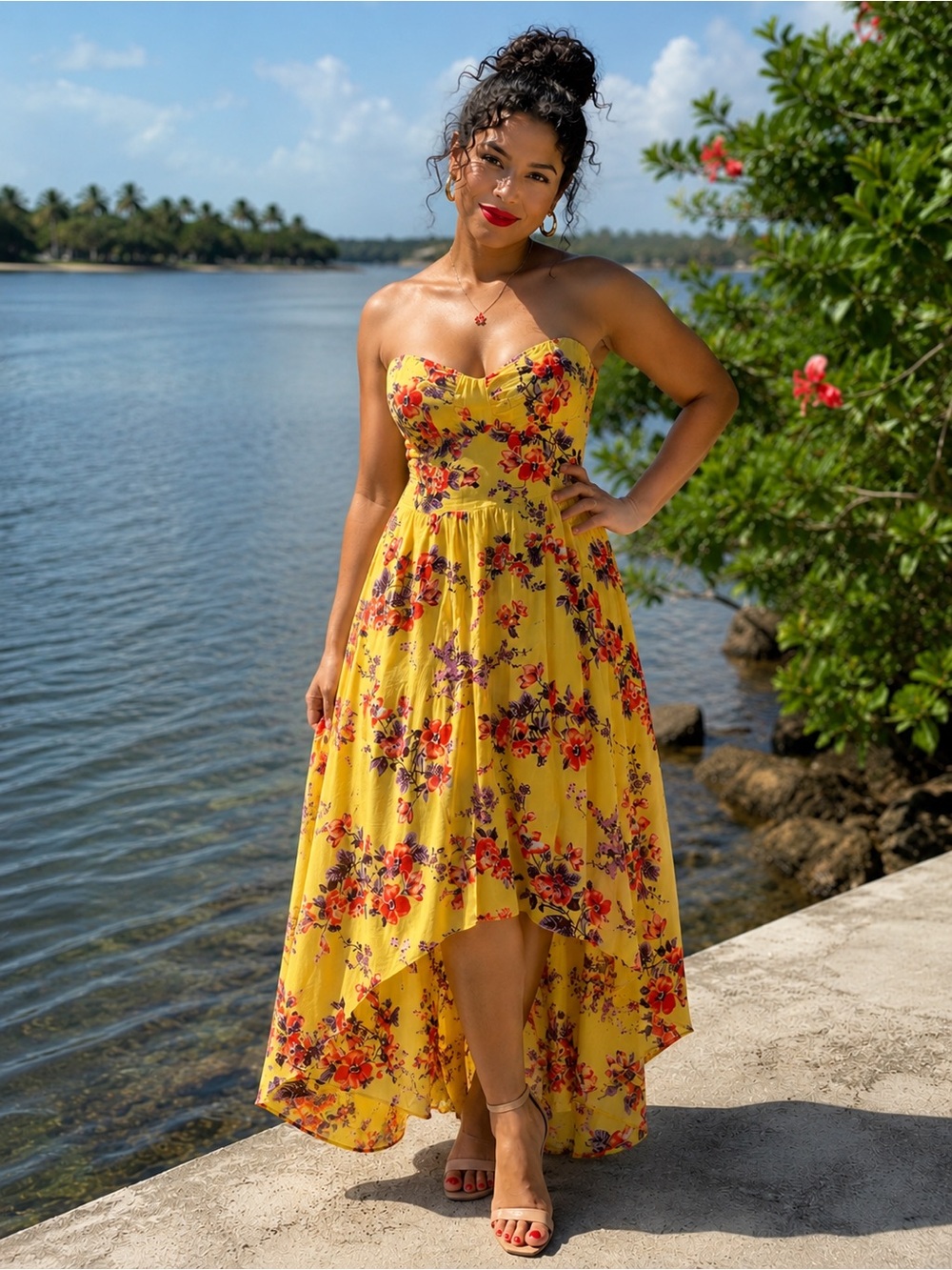 Pretty  Yellow Floral Hi-Low Sweetheart Dress Size XL